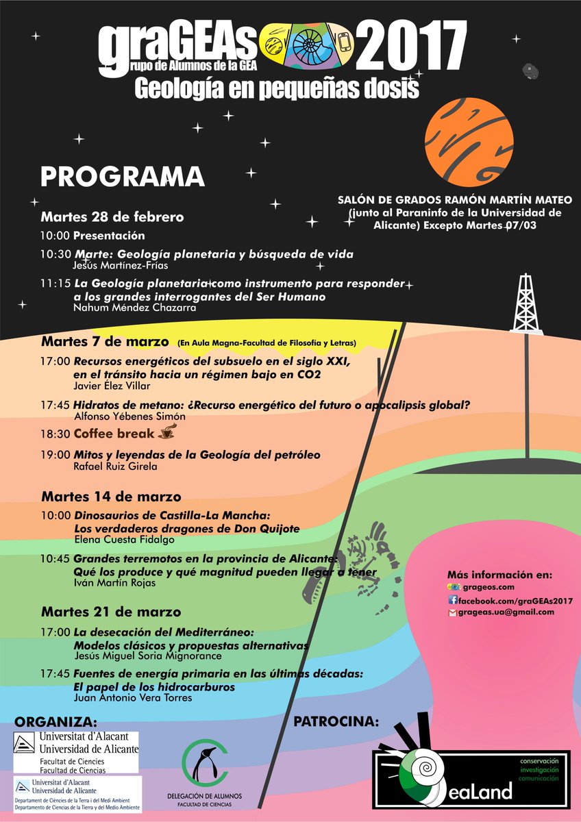 elara_rg's tweet photo. Ya está aquí "graGEAs, geología en pequeñas dosis".⛏️ #graGEAs2017 #UA #geologia + Info:  https://t.co/J4QP7S4tMC y https://t.co/T1jFpKJaeL https://t.co/MZiMVFreT2