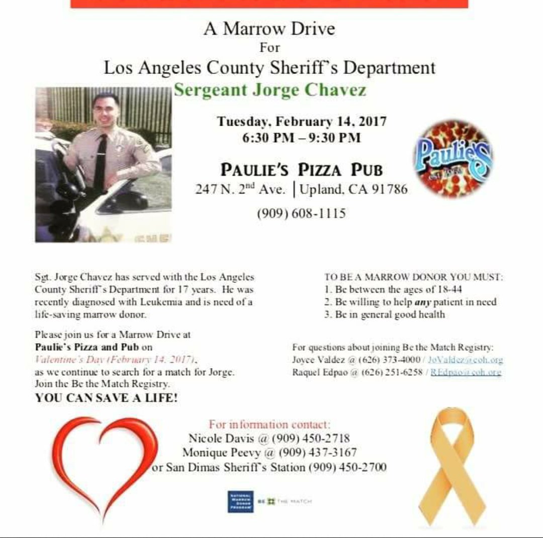 DeliaWebsterKY's tweet photo. Help save a life #ValentinesDay 
#MarrowDrive #LACounty #Sheriff
#Sgt.JorgeChavez Tue Evening 
Feb 14 #PauleysPizzaPub
#Upland #Bethematch https://t.co/W0dK4yjCh7