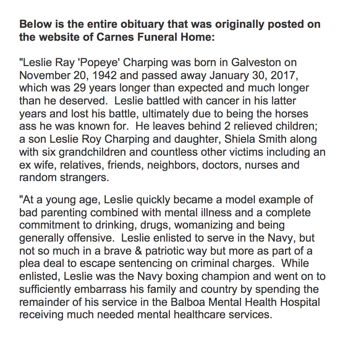 BraddJaffy's tweet image. Holy mother of god, this obituary. Read the whole thing. click2houston.com/news/familys-b…