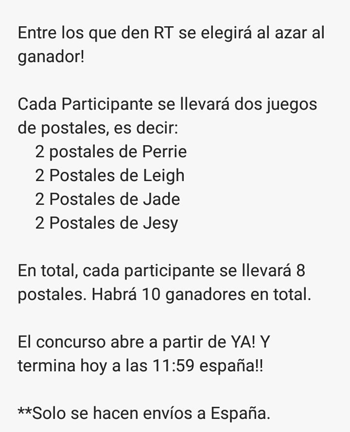 SpainLittleMix's tweet photo. CONCURSO RÁPIDO PARA GANAR POSTALES EXCLUSIVAS.

Bases en las fotos.

Para participar RT a este tweet: https://t.co/YWaQkqcnCR https://t.co/OYgjGYJGxO