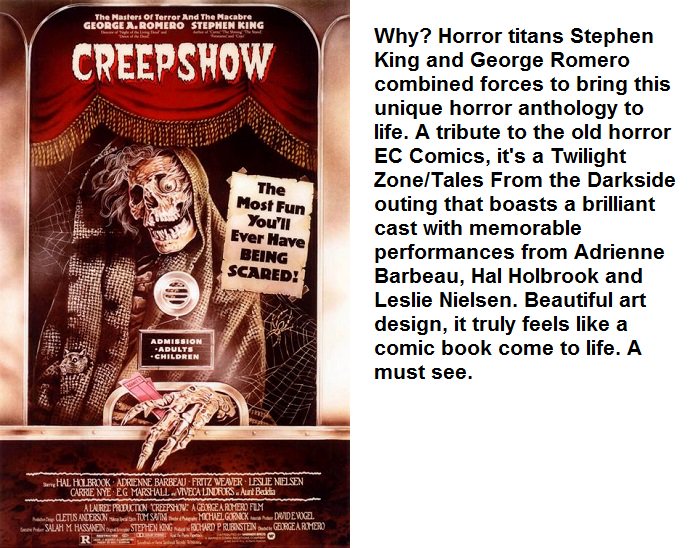 DeathHouseMovie's tweet photo. Horror 101: Creepshow (1982). A brilliant #horror comic book come to life from #GeaorgeRomero & #StephenKing. Seen it? #KnowYourHorror https://t.co/PsGdzG7cfT
