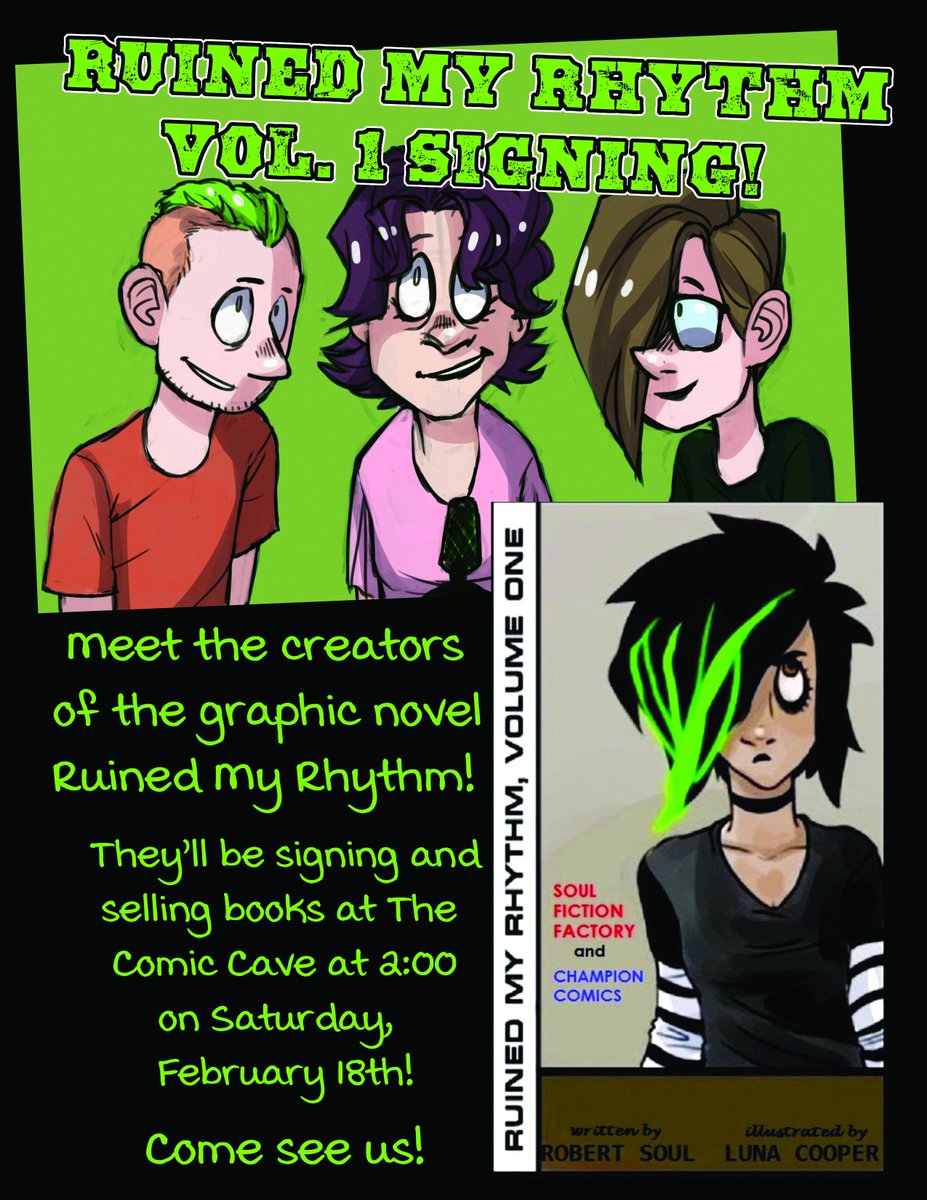 ChampionComics1's tweet photo. Come see the creators of @RuinedMyRhythm at @TheComicCave on Saturday the 18th at 2:00! It's going to be awesome! https://t.co/TDihE9K9iR