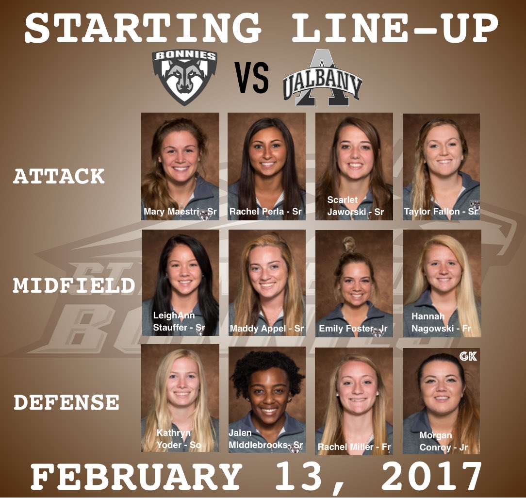 BonniesWLAX's tweet photo. On the road! Starting Line-up for Tomorrow's game against UAlbany. Look at all that senior leadership! #bonnieslax #gobonnies #roadtrip https://t.co/Gkhm9ebNRw