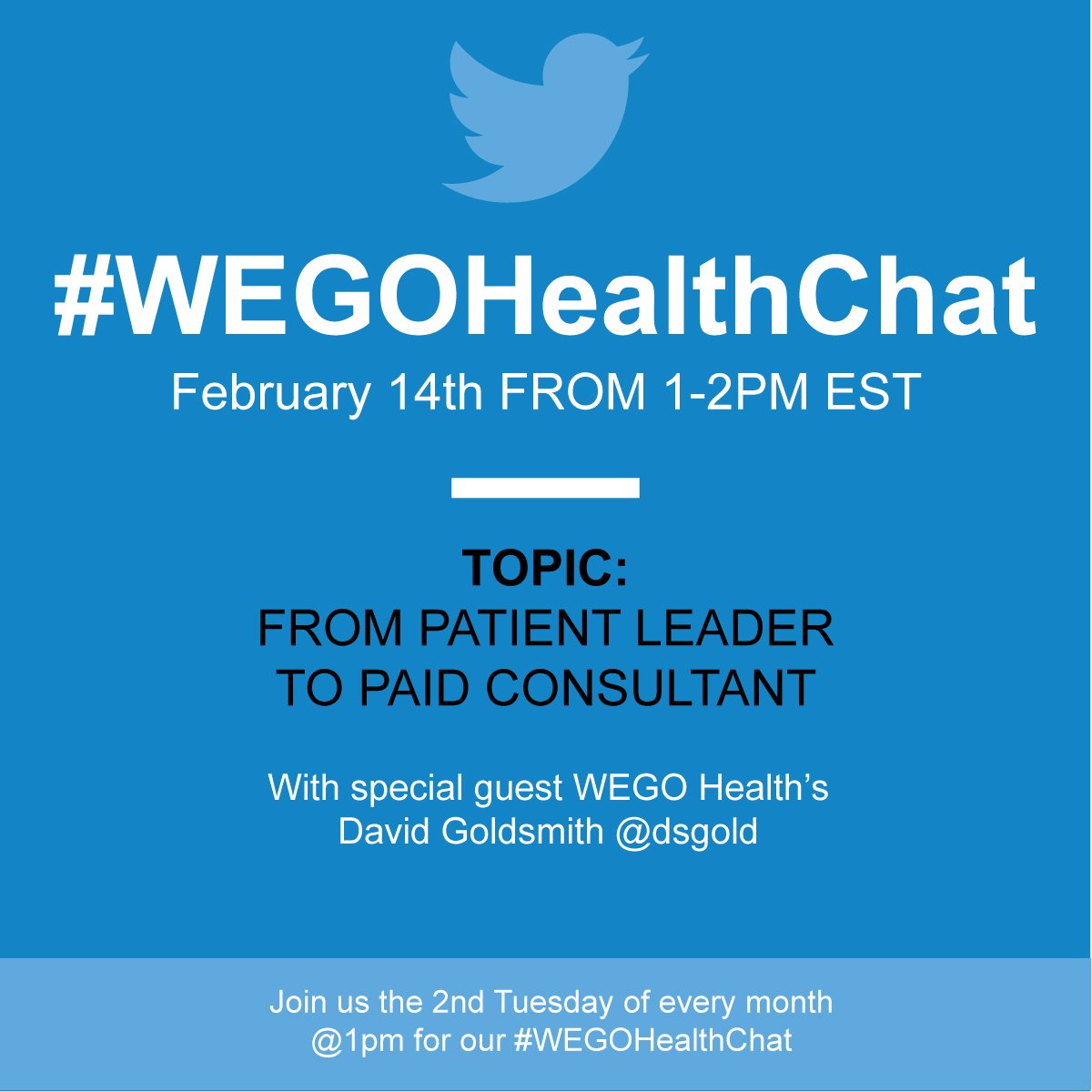 socialhealthnet's tweet photo. Catch us next Tues for #WEGOHealthChat (formerly #HAchat) with @dsgold @1pm EST. #patientleader #consultants https://t.co/s9y31GxCbz