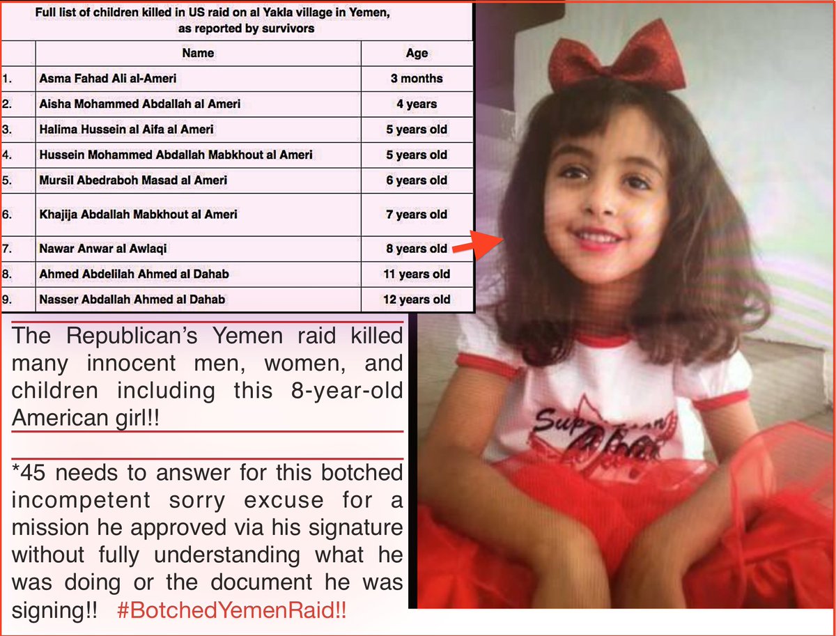 FluffySays's tweet photo. @CensoredPatriot @nbcchicago *45 'directly' ordered this 8-year-old's death in #BotchedYemenRaid due to his blatant ignorance!! #ResistTrump https://t.co/euYz0lOnqu