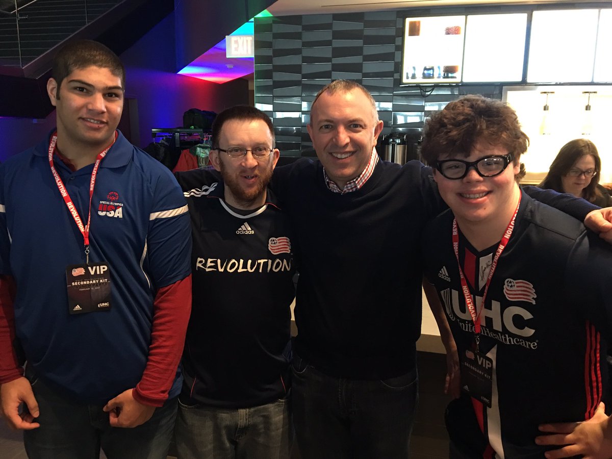 SpOlympicsMA's tweet photo. Checking in with @RevsPrez before taking the stage at the 2017 #NERevsKit Launch. #PlayUnified @MLSWORKS @NERevolution https://t.co/myK4xq74af