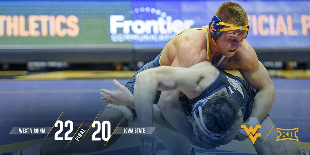 WVUWrestling's tweet photo. Cue Country Roads! The Mountaineers win their first ever Big 12 dual match, knocking off Iowa State, 22-20. #HailWV https://t.co/i8TT1rzpPH