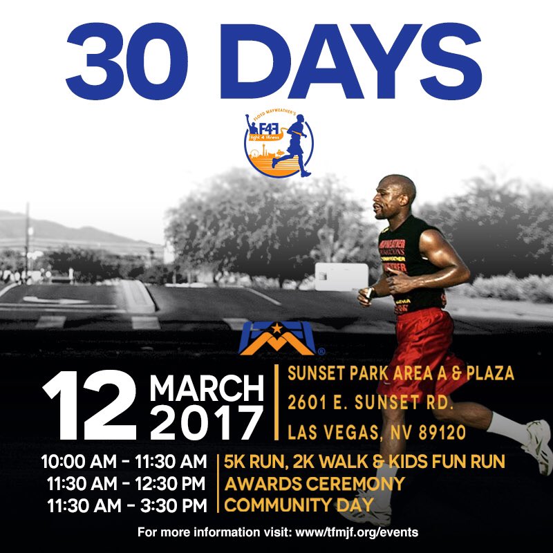 We're ONLY 30 days way from <a href="/FloydMayweather/">Floyd Mayweather</a>'s 3rd Annual #Fight4Fitness! For more info and to register, visit: bit.ly/2hPuKVW