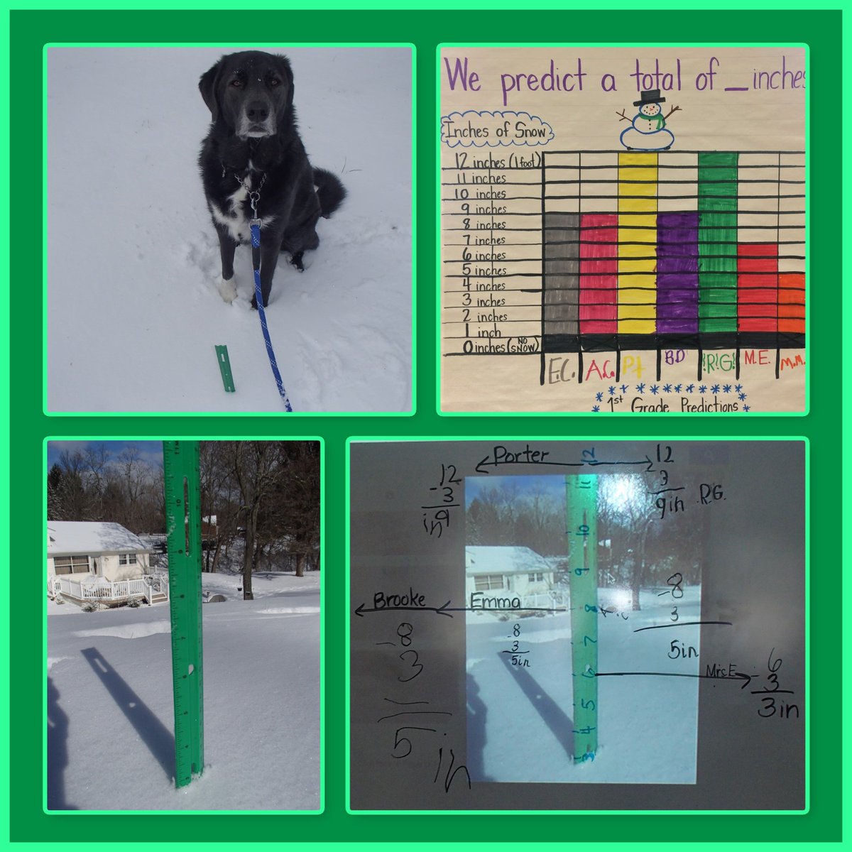 mseshleman's tweet photo. We used subtraction to find the difference between predictions and Dewey's snow totals!  What an exciting intro to our unit in measurement! https://t.co/zEsaHJ1TGn