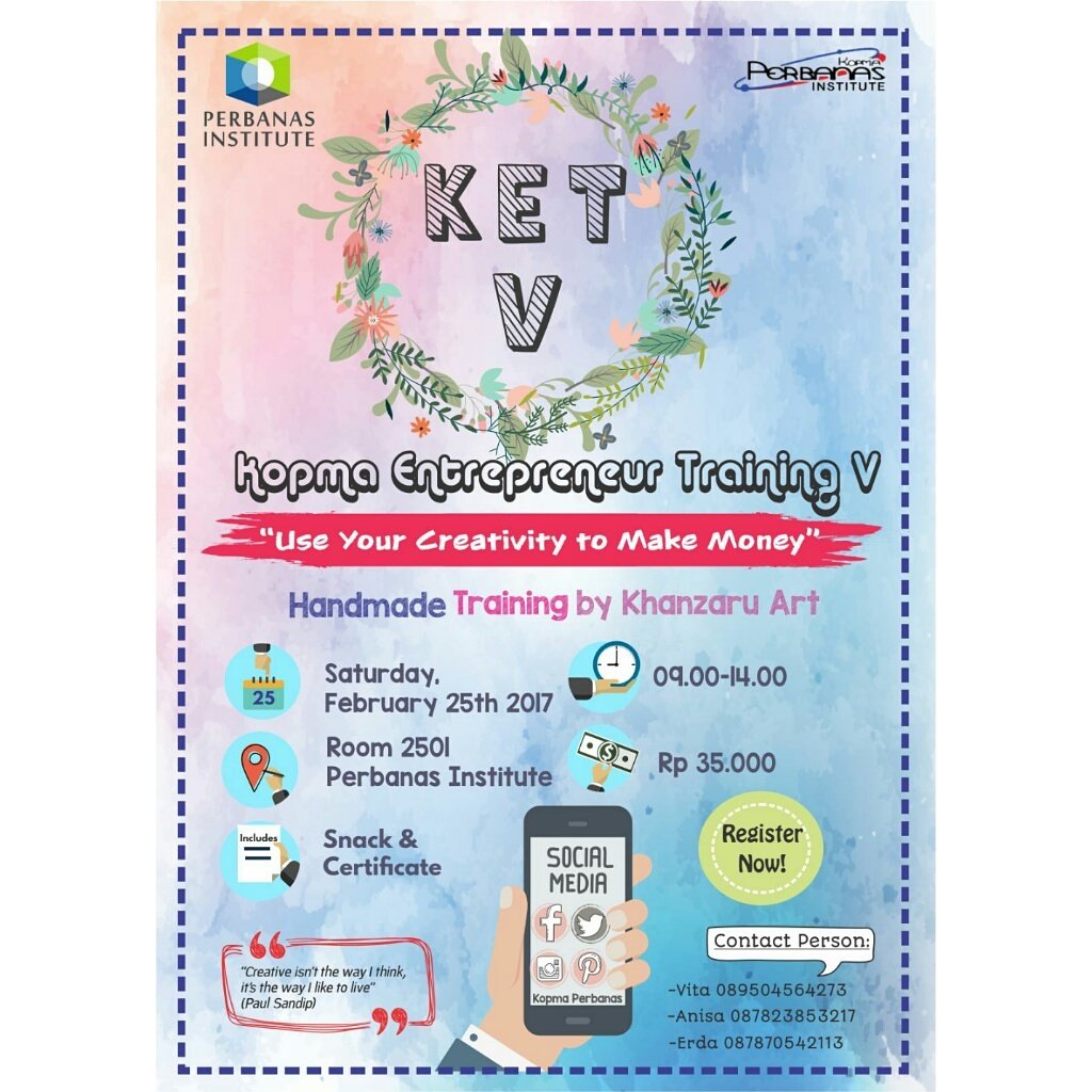 Yeay KET V kali ini akan membuat lampion dari botol. Yuk daftarkan segera dirimu ya, kami tunggu di Lobby Unit 6, Perbanas Institute. See u😘