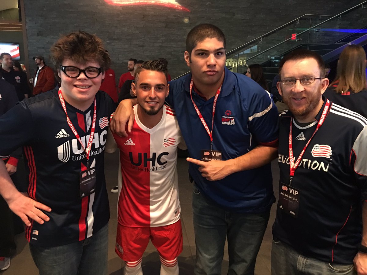 SpOlympicsMA's tweet photo. Game recognizes game. @NERevolution 1st team & Unified team members at today's #NERevsKit launch. #PlayUnified #ballersgottaball #VIPstatus https://t.co/girAihux0K