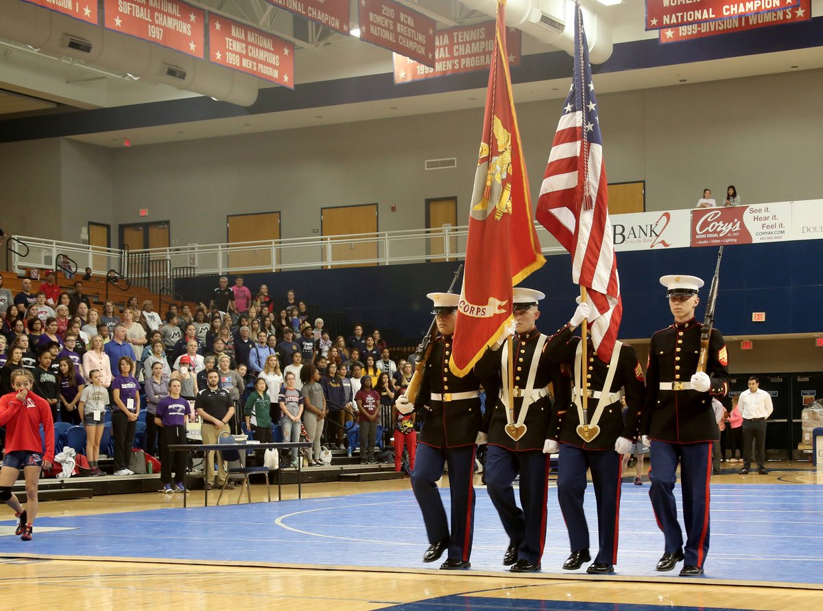 USMarineCorps's tweet photo. A Marine Corps Color Guard marches off the colors following the National Anthem at the #WCWANationals in Oklahoma City. https://t.co/zbsvJL1BqH