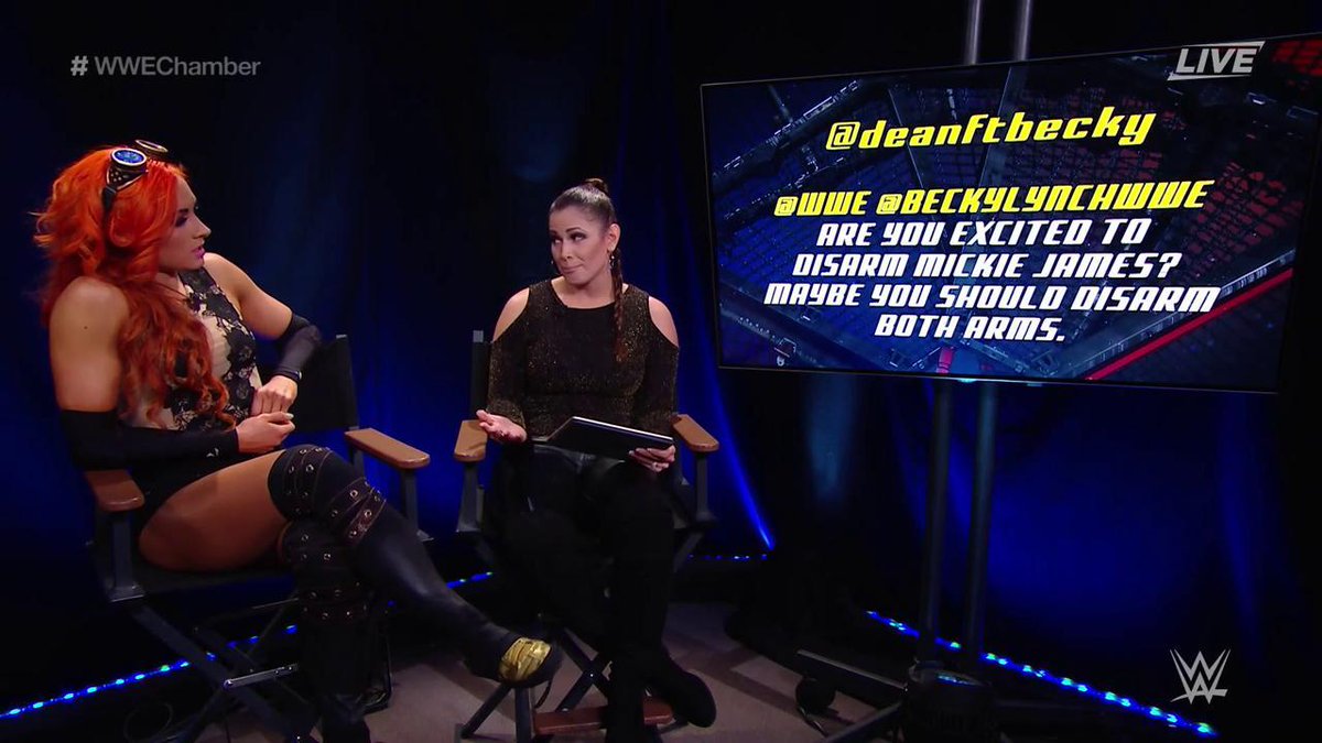 WWE's tweet photo. .@BeckyLynchWWE is LIVE NOW in the #SocialMediaLounge, answering your #AskBecky questions! #WWEChamber @WWENetwork https://t.co/jgTWNjh06h