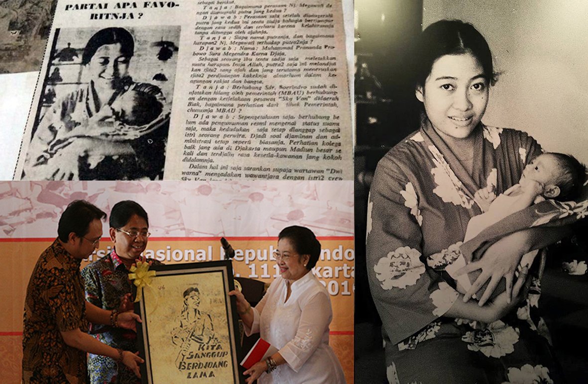 Megawati Soekarnoputri &amp; putranya <a href="/pranandaprabowo/">Prananda Prabowo™</a> (Pat Hendratmo/Kompas), guntingan artikel majalah Dwiwarna &amp; saat acara Arsip Nasional RI