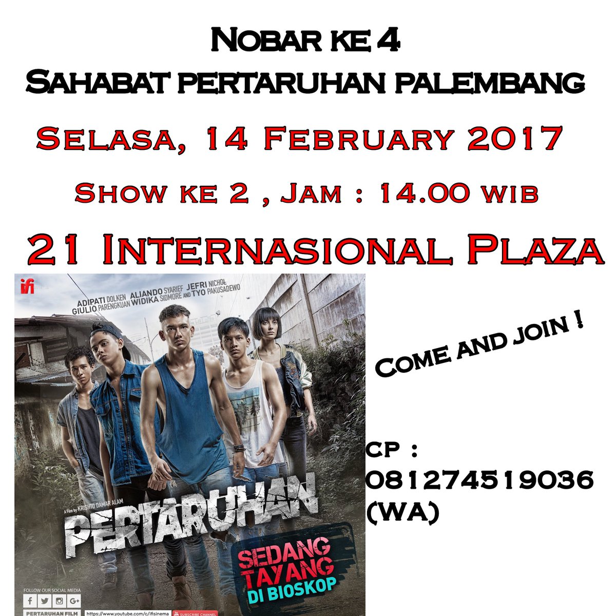 Adiccted_PLG's tweet photo. Palembang !!!! Besok kita nobar @pertaruhanfilm lagi ! Yukkk join ☺️🙏🏻 #pertaruhan #sahabatpertaruhan #nontonpertaruhandibioskop https://t.co/farYDB02t1