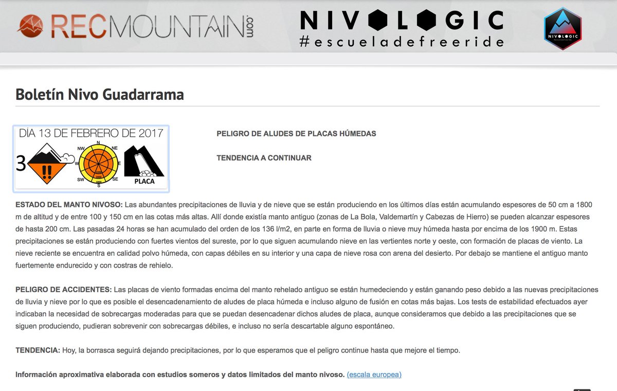 Boletín nivológico #SierradeGuadarrama 
PELIGRO DE ALUDES DE PLACA HÚMEDA
recmountain.com/boletin-nivolo…

Nevada fuerte cota 1700, viento 120 km/h