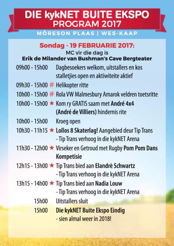 Kapenaars dis die <a href="/kykNETtv/">kykNET TV</a> <a href="/BuiteEkspo/">Trio Events</a> die naweek 17-19 Feb op MôreSon plaas net voor Malmesbury! Kaartjies beskikbaar by <a href="/Computicket/">Computicket</a>