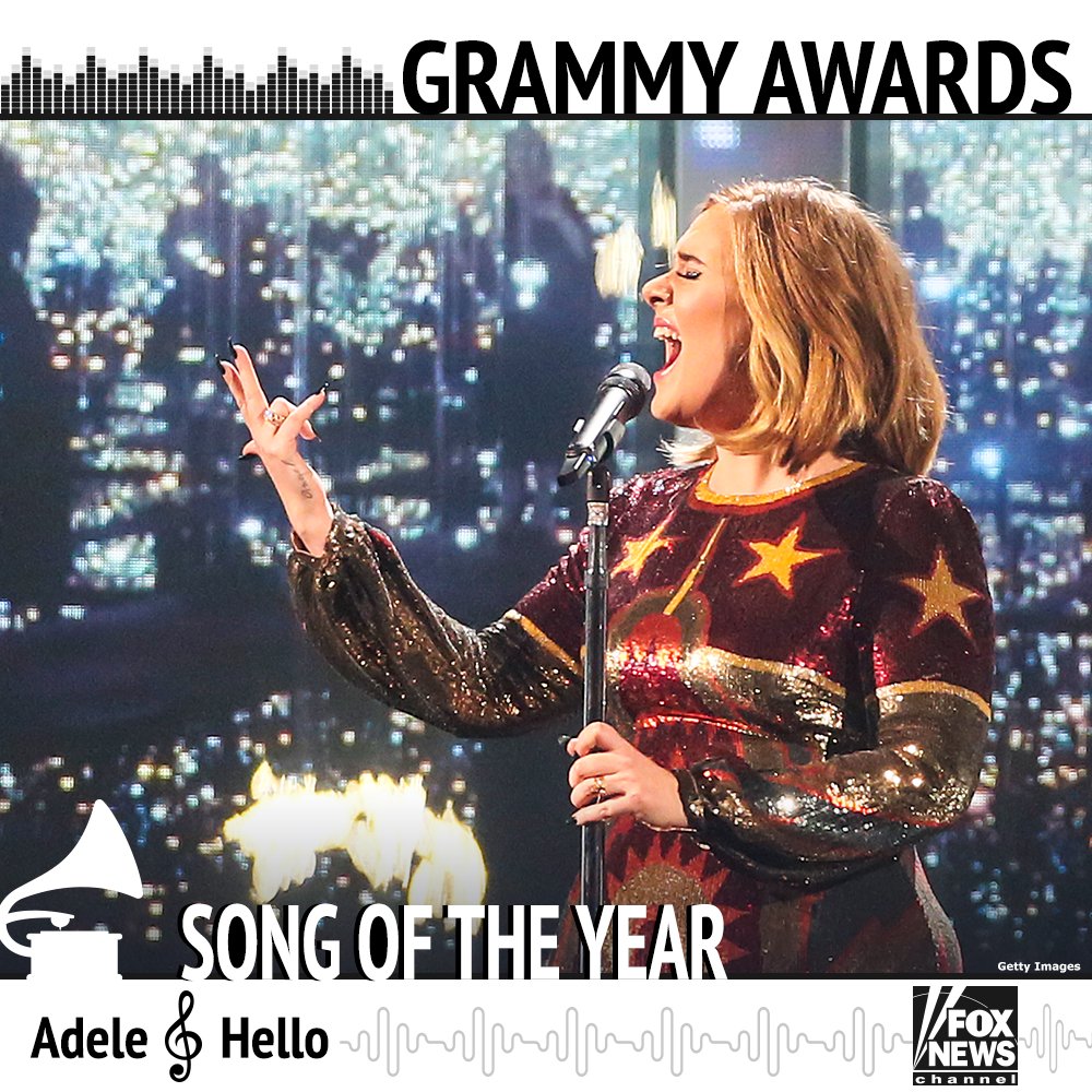 FoxNews's tweet photo. JUST IN: The award for Song of the Year goes to @Adele for "Hello" | #Grammys https://t.co/cO9wztfNCM