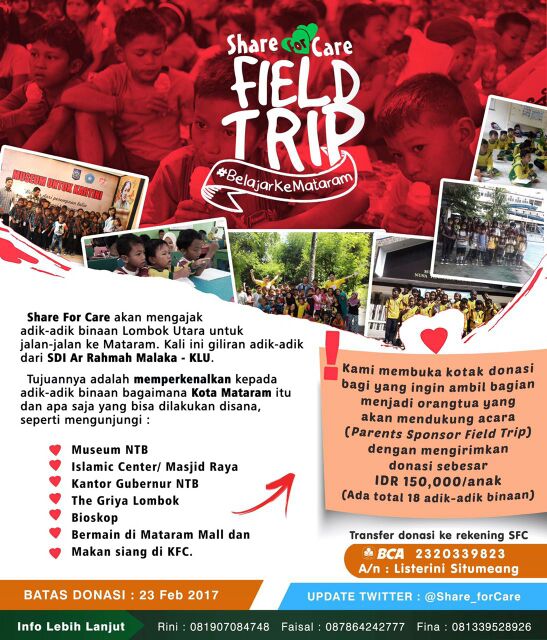 Mari berbagi kebahagiaan bersama adik-adik ini dengan menjadi parents sponsor field trip. Belajar ke Mataram :)