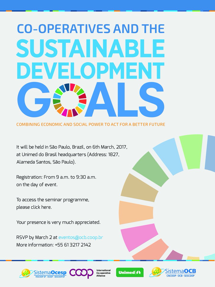 Our friends at OCB Brazil have organized a seminar to promote #cooperative involvement in the #SDGs on March 6 in São Paulo. Join us there!