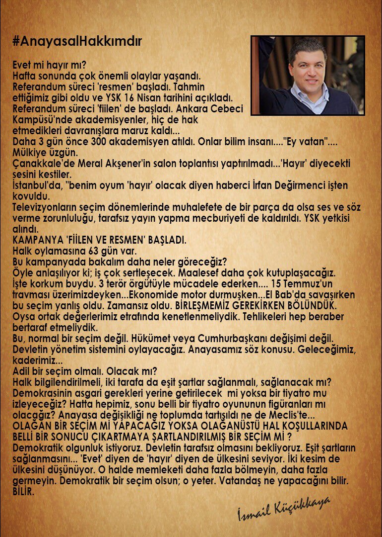 KucukkayaIsmail's tweet photo. Ne düşünüyorsam özgürce söyleyebilmek #AnayasalHakkımdır https://t.co/vXE1rK6jIH