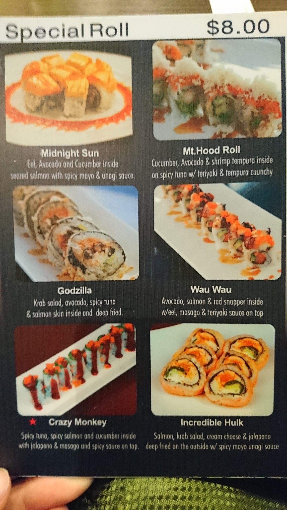 Oh Kui Auf Twitter 昨日アメリカの寿司屋に行ってきました ほとんどの寿司がカリフォルニア ロールスタイルで上にマヨかかってるから何の魚かわかんないし メニューに ゴジラ インクレディブルハルク とかあるし 鮭の皮の寿司とかあって衝撃的だった ガリは