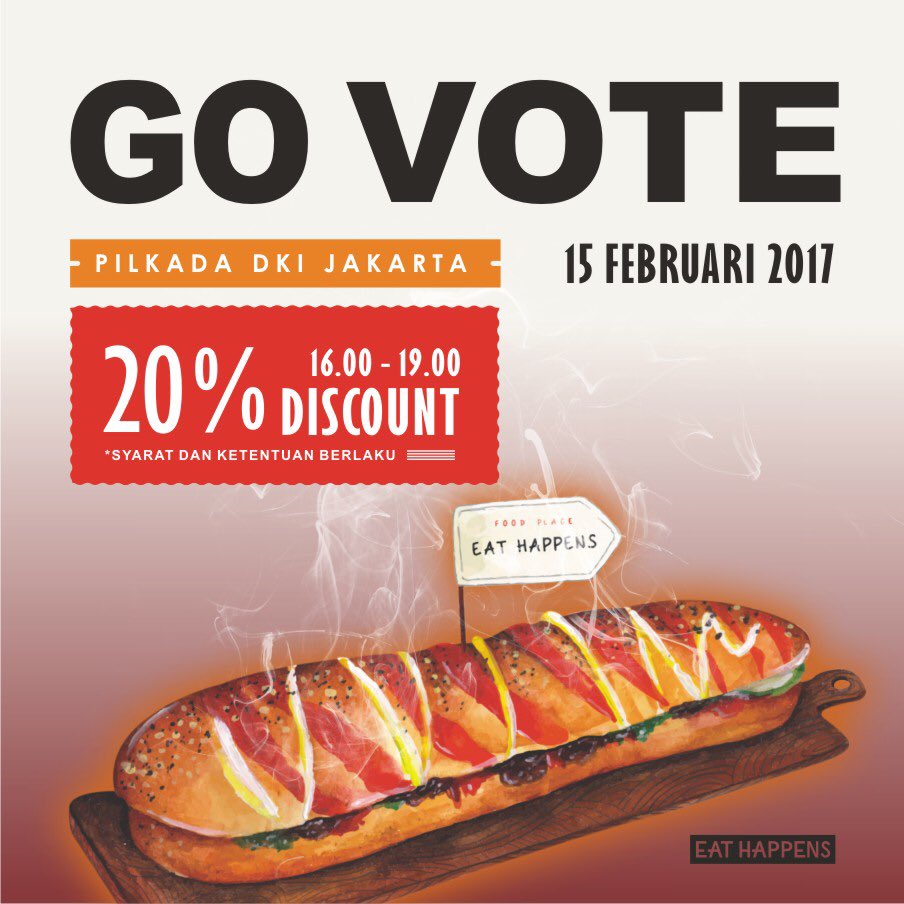EatHappens's tweet image. Siapapun gubernur yang dipilih, yuk makan di Eat Happens, diskon 20% all food &amp;amp; beverage, 15 Februari 2017, tag your friend! #diskonpilkada