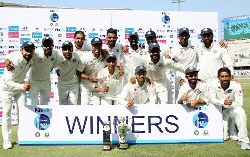 TeamVirat's tweet image. Indian Cricket Team pose for a group picture after winning the Series by 1-0! #IndvBan
