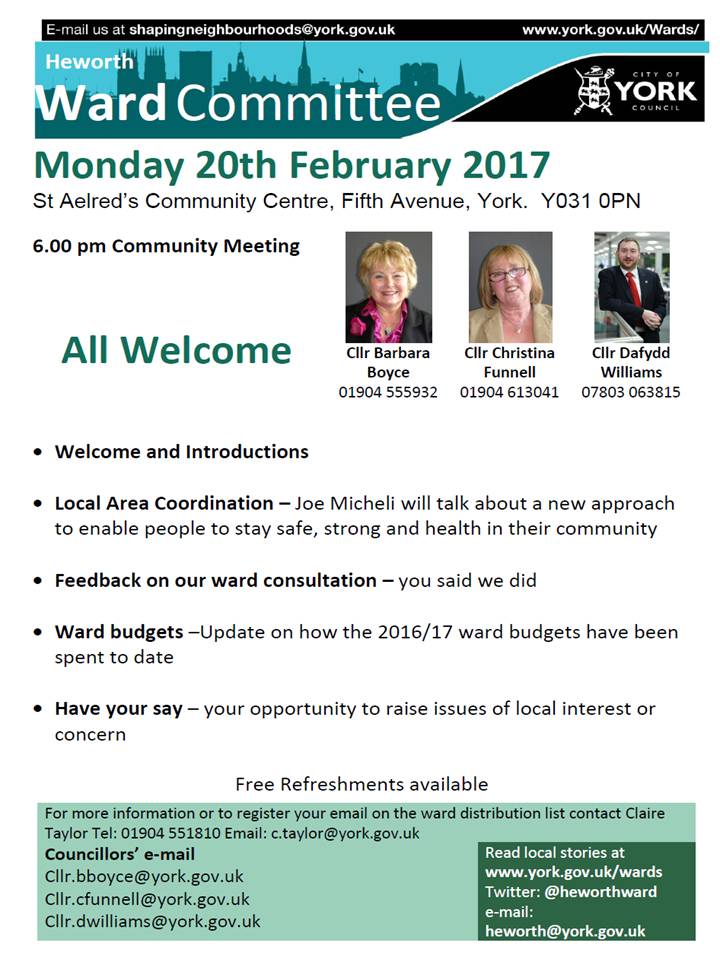 CYCWards_He's tweet photo. Calling all Heworth residents - find out what's happening in your local area at the next ward committee on 20th Feb https://t.co/RCxxL3bhQJ