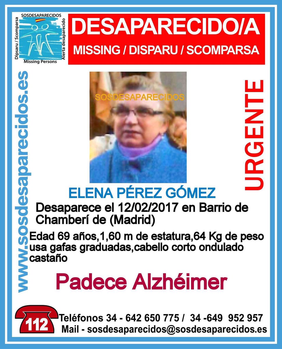 #Urgente Elena es una #mayor que sufre #Alzheimer y ha #desaparecido en #Madrid ¿La has visto? Llámanos 📞062 📞091 📞112 Tu RT puede ayudarle