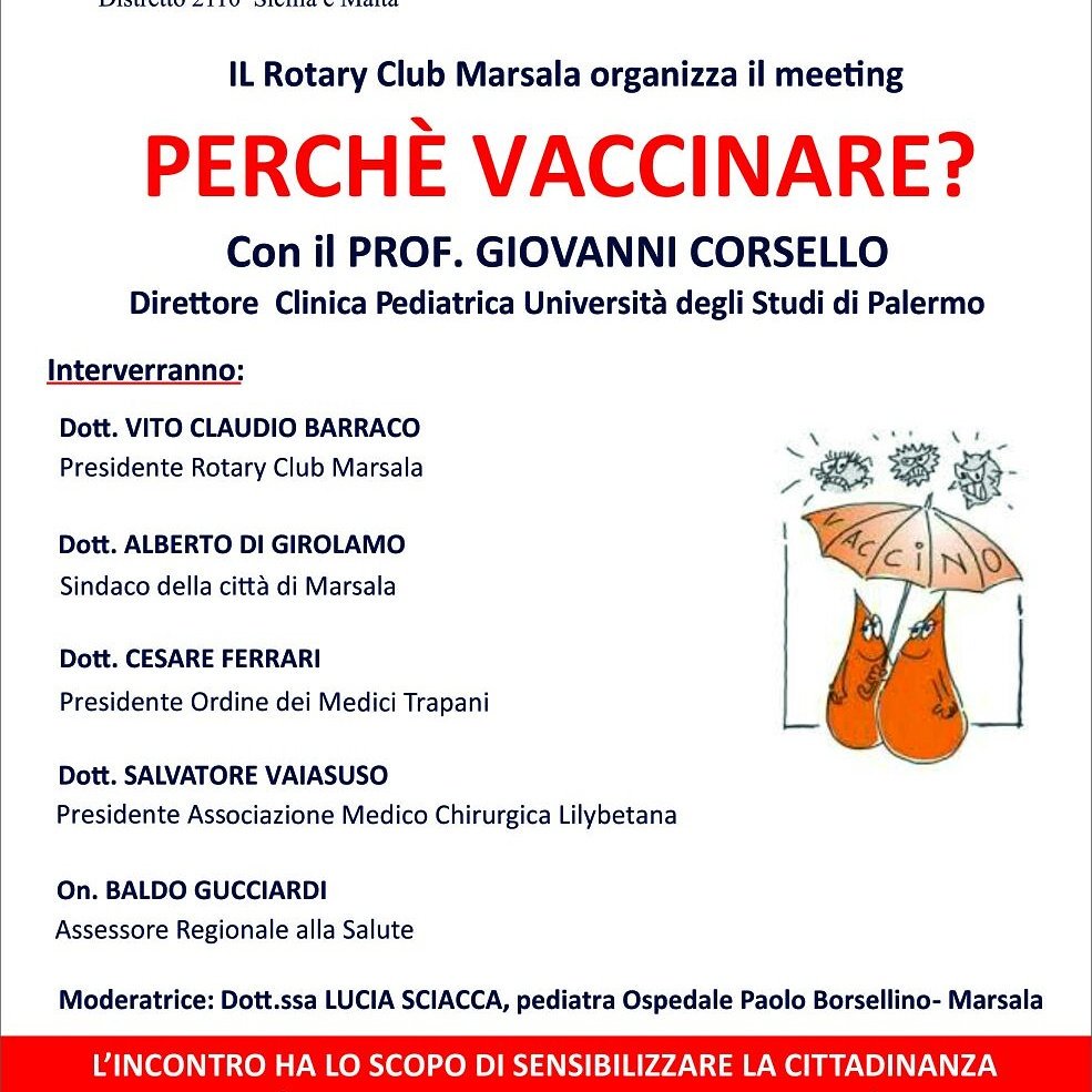 RotaryMarsala's tweet photo. Al Complesso San Pietro di Marsala relatore il Prof. G. Corsello (Direttore Clinica Univ. Pediatrica - PA) si parlerà di PERCHÉ VACCINARE..? https://t.co/6Td1TJ1cbo