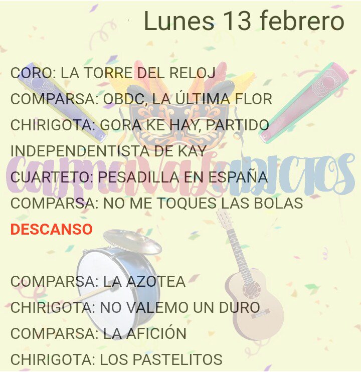 𝘾𝙖𝙧𝙣𝙖𝙫𝙖𝙡𝙖𝙙𝙞𝙘𝙩𝙤𝙨 (@carnavaladictos) on Twitter photo HOY #Coac2017C1
<a href="/CORODESANLUCAR/">Coro de Sanlúcar</a> <a href="/comparsaobdc/">OBDC</a> <a href="/DigaMelon2014/">Diga Melon 2014</a> <a href="/comparsaserrano/">Los Alfileres</a> @loscarapapas @elcanijocom <a href="/Eljuanaysugrupo/">Los Comandantes</a> <a href="/LosPastelitos5/">LOS PASTELITOS</a> HOY #Coac2017C1
<a href="/CORODESANLUCAR/">Coro de Sanlúcar</a> <a href="/comparsaobdc/">OBDC</a> <a href="/DigaMelon2014/">Diga Melon 2014</a> <a href="/comparsaserrano/">Los Alfileres</a> @loscarapapas @elcanijocom <a href="/Eljuanaysugrupo/">Los Comandantes</a> <a href="/LosPastelitos5/">LOS PASTELITOS</a>