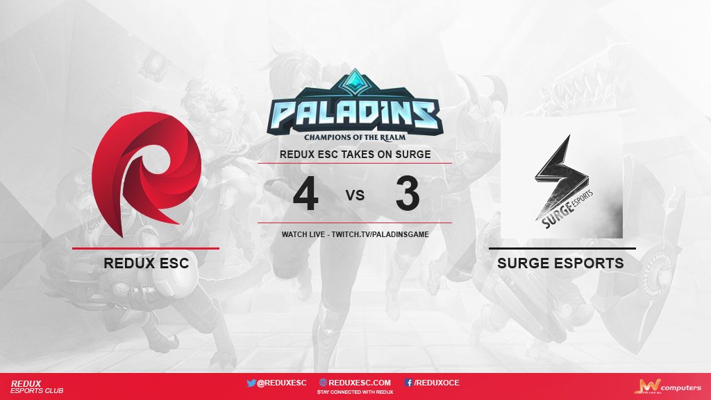 ReduxESC's tweet photo. #RDXPaladins take the game 4-3 against @Surge_ESC! We now verse #KINGS in the semi final of the Oceanic Masters Qualifier #RDXWIN https://t.co/qI1vhlG4RS