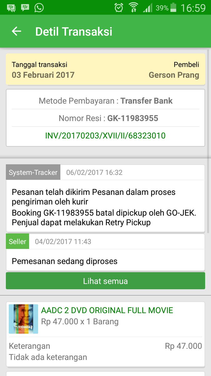 Transaksi ini saya kirim via JNE. Ini  ressinya. CGKAA29077281017 bagaimana caranya agar tidak menggantung?