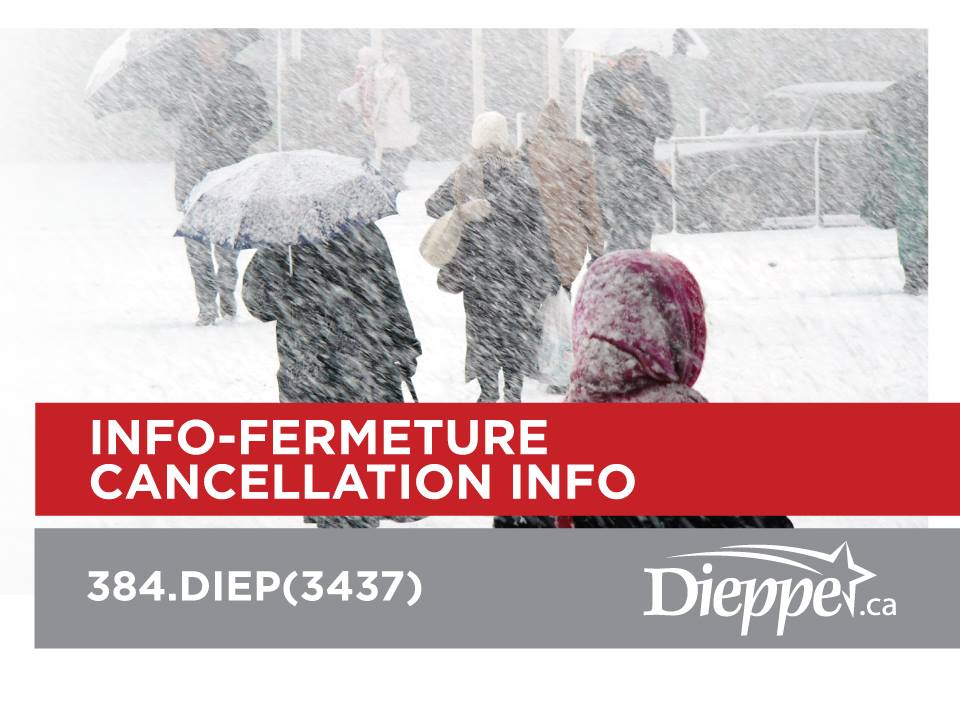 The community facilities (City Hall, AJL and Centenaire arenas, Aquatic Centre) are closed until 1 p.m. An update will be sent at 11 a.m.