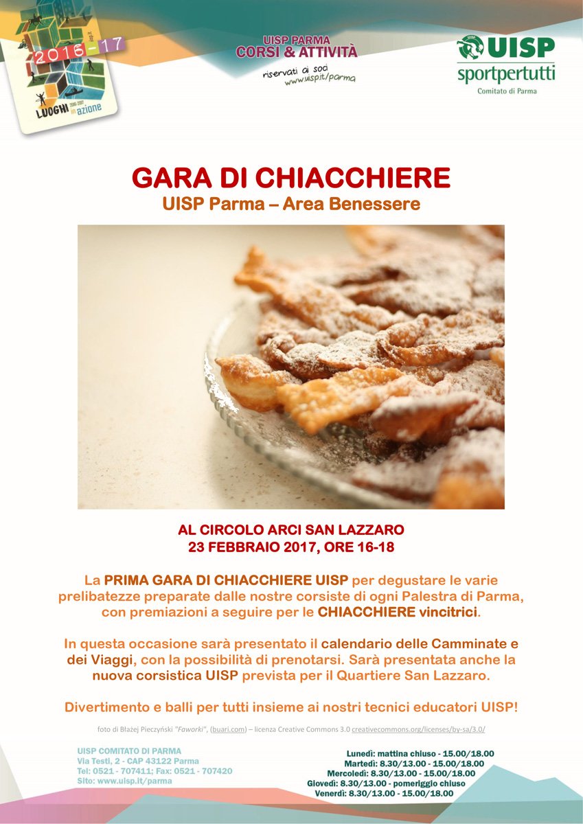 Il 23 febbraio al Circolo Arci San Lazzaro, prima Gara di Chiacchiere UISP Parma, con i corsisti dell'Area Benessere bit.ly/2kiSR0V