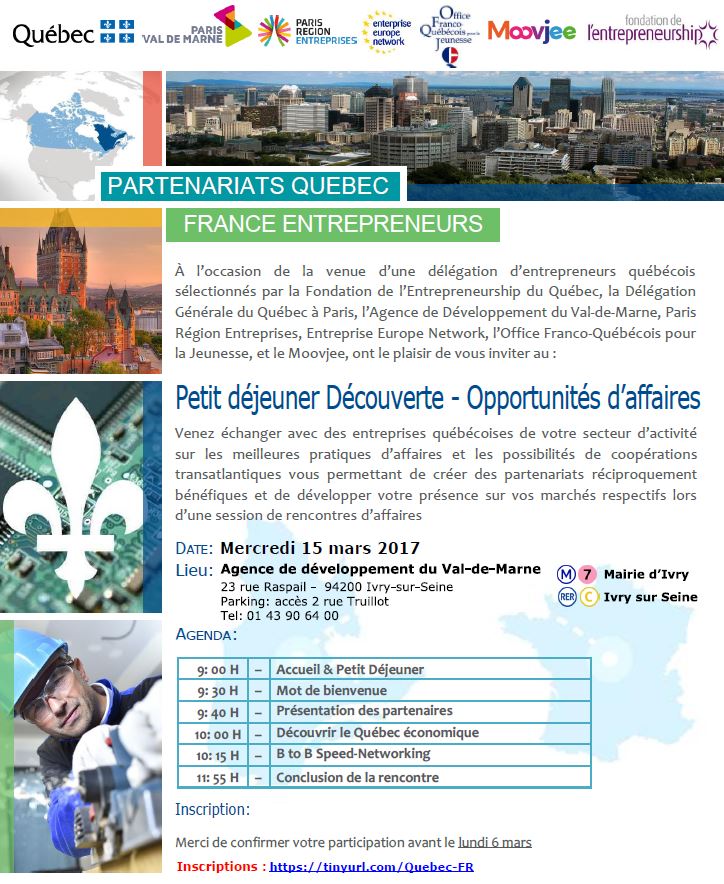 Quebec_FR's tweet image. Réservez votre Pt déjeuner découverte du 15 mars: B2B Speed Networking avec des entreprises du #QC en mission en #FR docs.google.com/forms/d/e/1FAI…