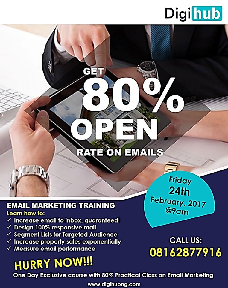 Digihublive's tweet photo. The Date is 24th Feb. 2017, time is 9am. Take Advantage of this One Day 80% Practical Class on Email Marketing. To reg. Call: 08162877916. https://t.co/rh0VcdJh3B