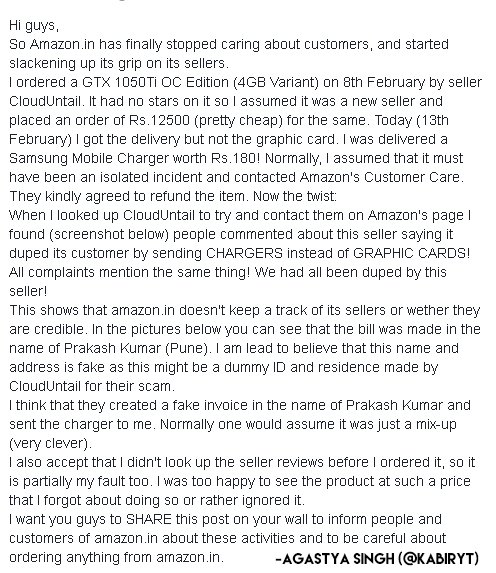 kabiryt's tweet photo. @AmazonHelp @amazonIN Please READ and SHARE about this Amazon Seller Scam by CloudUntail.
#amazonsellerscam #clouduntailscam #amazonindia https://t.co/qBAljdtguZ