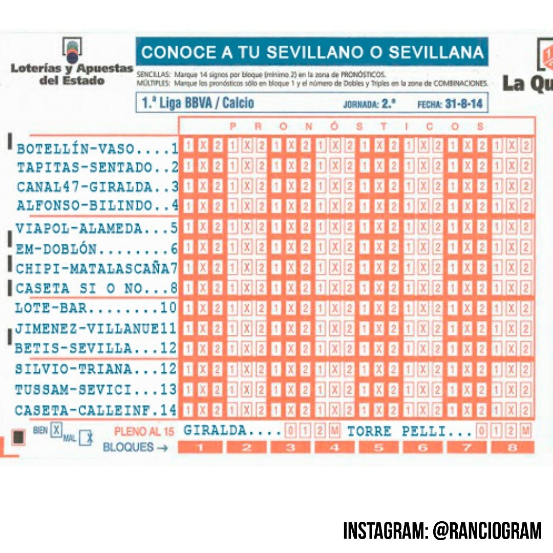 rancio's tweet photo. He hecho esto porque con responder a esta simple quiniela puedes conocer a cualquier persona de Sevilla más que compartiendo piso un año https://t.co/aO7qFWr6EU