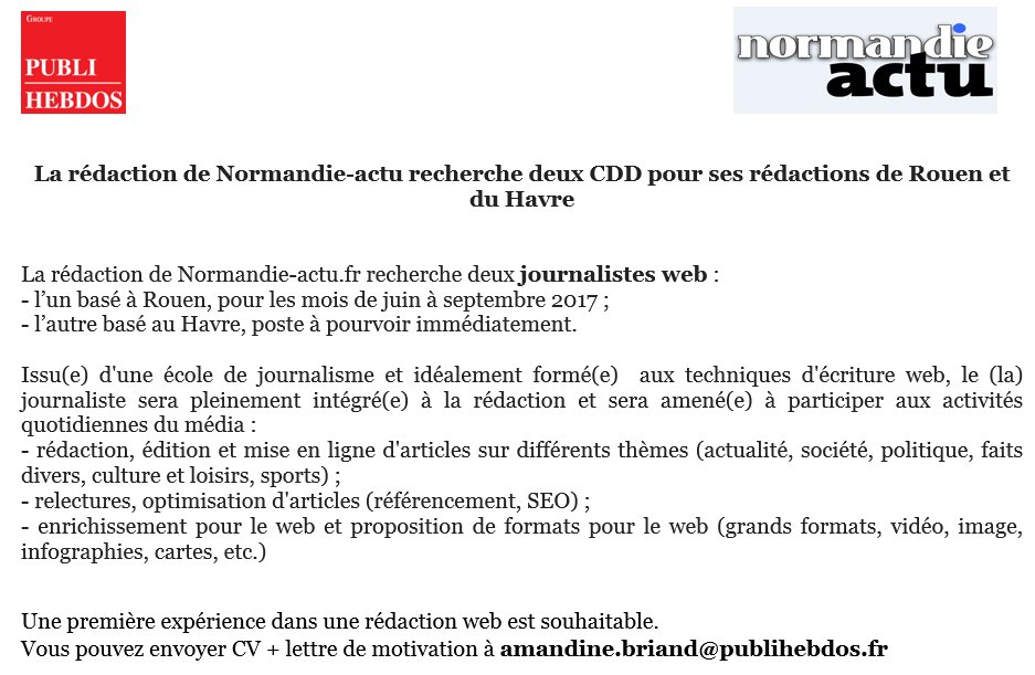 #Alerteemploi La rédaction de <a href="/NormandieActu/">Normandie-Actu</a> recherche deux #journalistes web en #CDD , au #Havre et à #Rouen. RT appréciés.