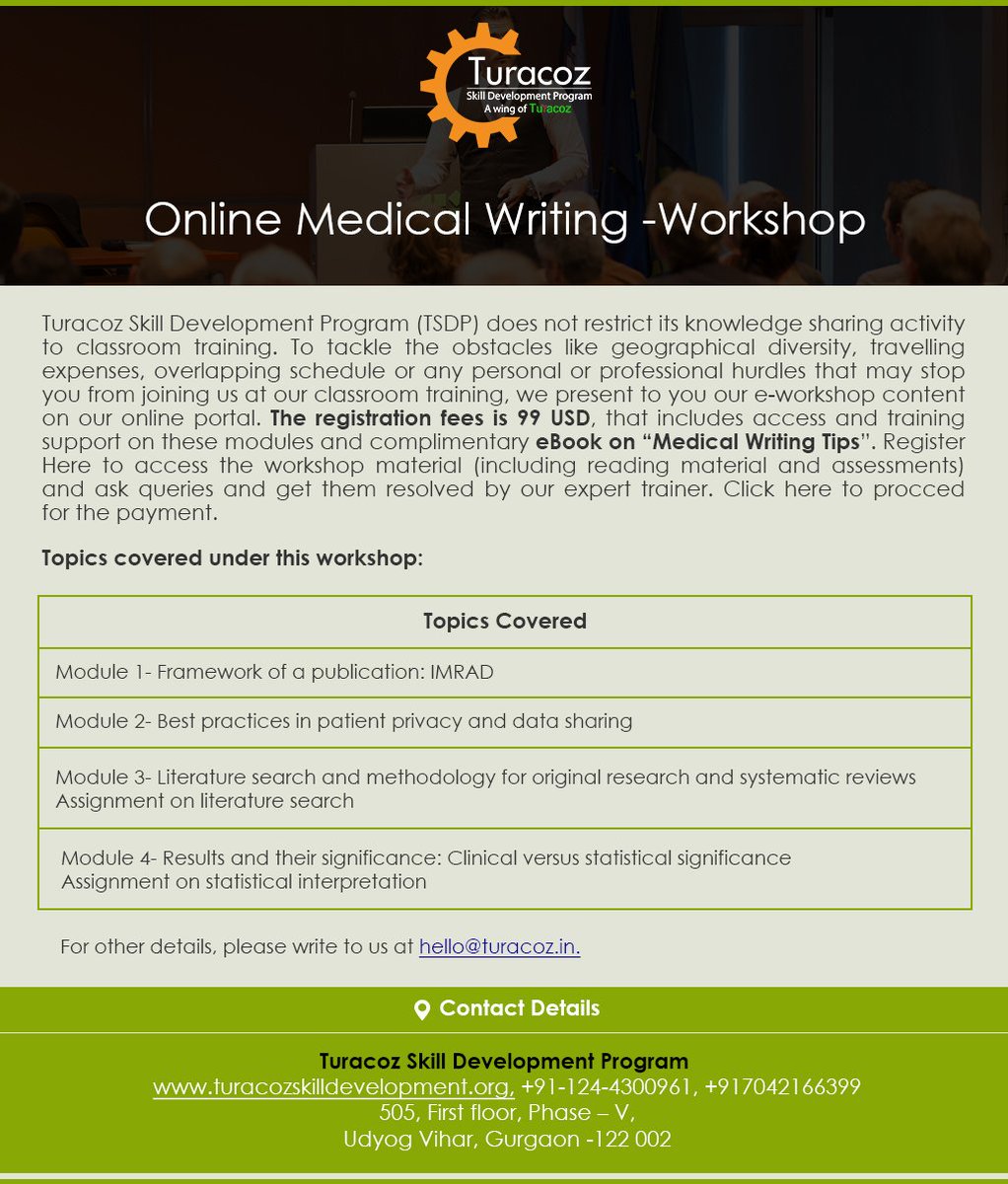 TuracozSkill's tweet photo. For #MedicalWritingTraining , #TSDP shares #EWorkshop. Registration fee: 99USD. To access the #WorkshopMaterial, https://t.co/3eqisF25Vi https://t.co/hqsdxHmGUB