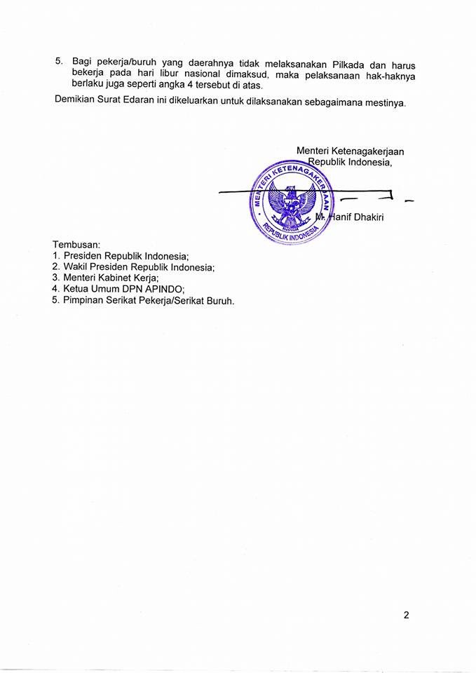 KemnakerRI's tweet photo. Surat Edaran Menaker ttg Hari Libur bg Pekerja/Buruh pd Hari Pemungutan Suara #PilkadaSerentak 2017. Mohon Dibaca dg Saksama ya Rekanaker. https://t.co/RpVQdSwB8d