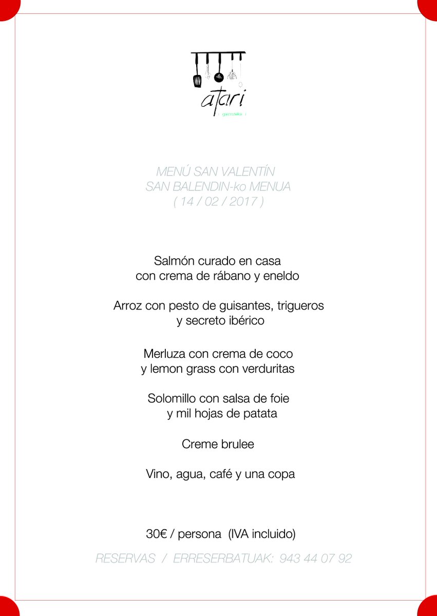 atarigastroteka's tweet photo. Mañana Martes es #SanValentin
¿Has visto qué menú hemos preparado para este día, romántic@s?
#AtariSS #menú #donostia #food https://t.co/CPyBih3YD4