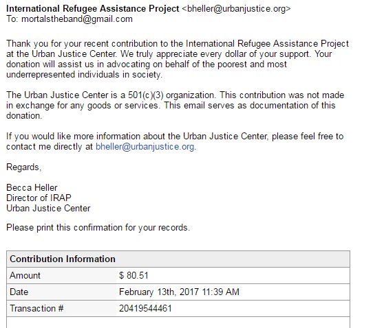 Thanks SO MUCH for buying our stuff on <a href="/Bandcamp/">bandcamp</a> <a href="/ACLU/">ACLU</a> day. Our proceeds just went to <a href="/RefugeeAssist/">We have moved to @IRAP!</a>