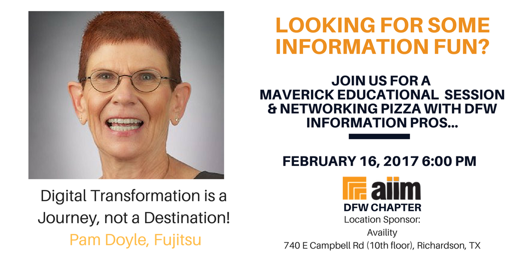 ChiappeAndrea's tweet photo. Join #AIIMDFW's meetup w/ #Fujitsu's #PamDoyle presenting #DigitalTransformation on 3/16 at #Availity!  https://t.co/FB0JaKddgB https://t.co/W0SmWBvXzI