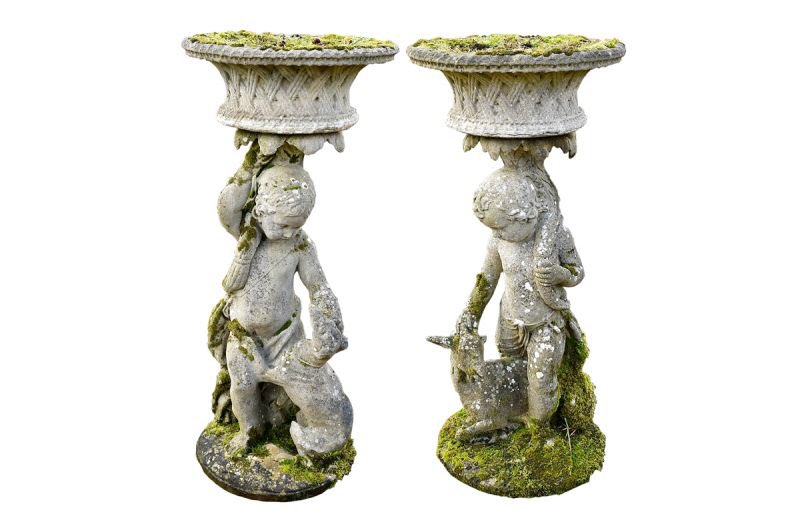 Recently arrived, a pair of jardinieres, beautifully weathered.