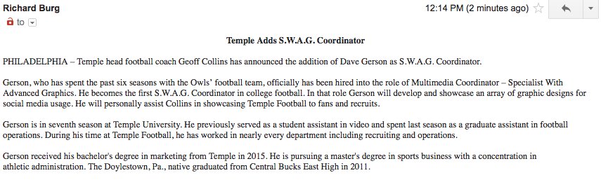 BarrettSallee's tweet photo. Temple football has announced the addition of a new SWAG coordinator https://t.co/A757WMjbnW