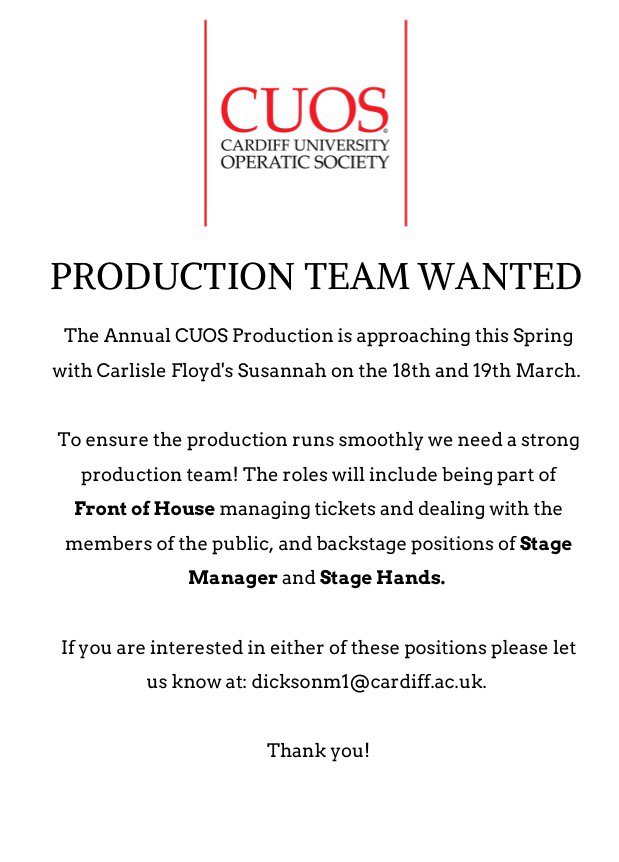 CUOpera's tweet photo. We're looking for our production crew! Interested? Get in touch! #CUOpera #Susannah #production #CU #opera https://t.co/AUfvucpUih