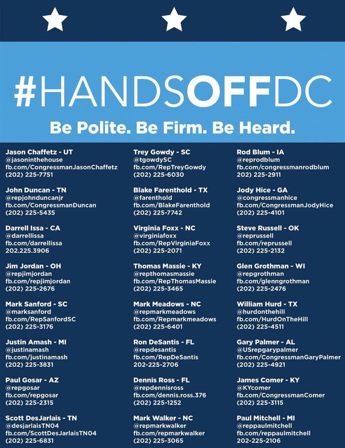 Come out tonight for the rally at 5pm or use this contact info to tell Congress #HandsOffDC